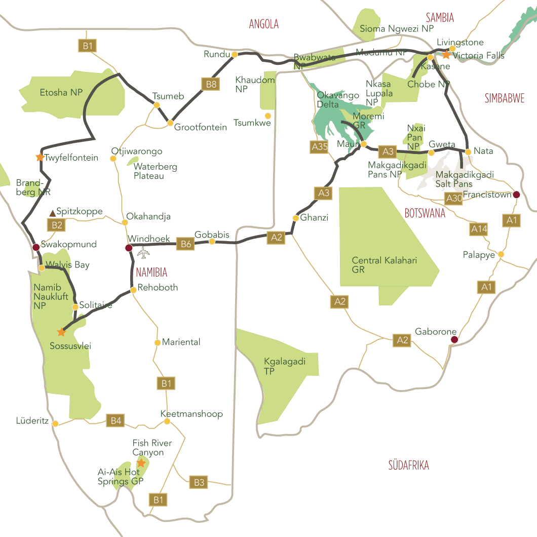 Afrikas Vielfalt Rundreise Namibia Botswana Victoria Falls Tourkarte