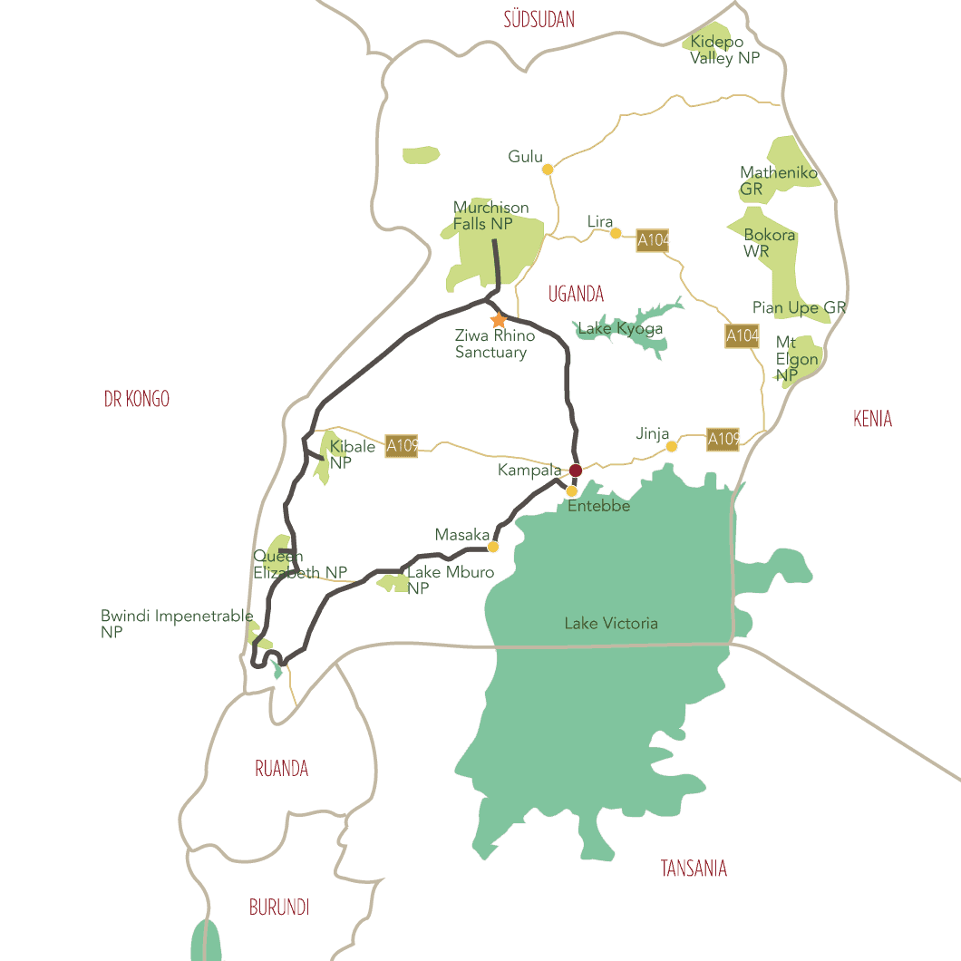 Uganda private Safari Best of Uganda Tourkarte