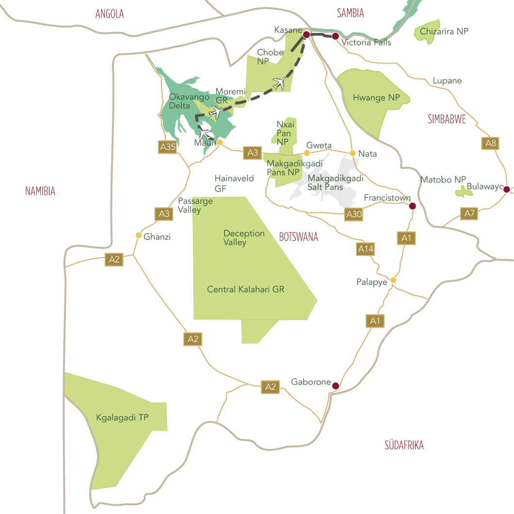 Botswana Fly in Safari Tourkarte