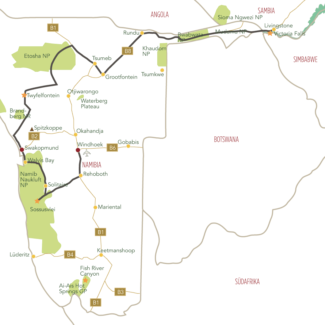 Rundreise Viktoriafälle und Highlights von Namibia Tourkarte