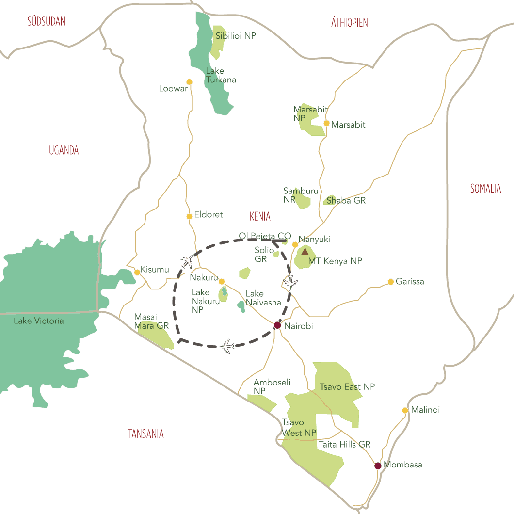 Kenia Fly-In Safari Tourkarte