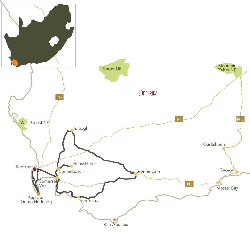 Weinreise Südafrika Tourkarte