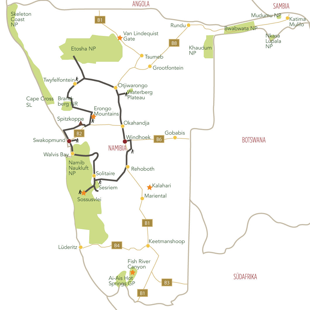 Namibia Wanderreise Tourkarte