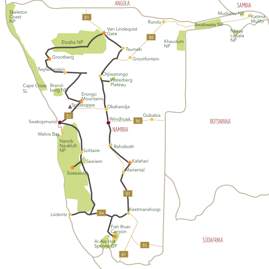 Gruppenreisen Namibia Rundreise Tourkarte