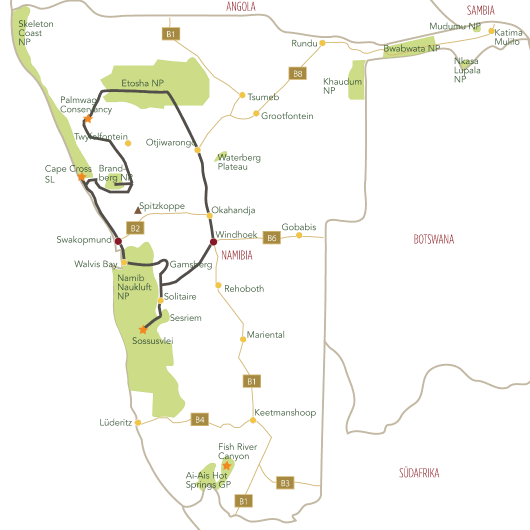 Namibia Camping Safari Tourkarte