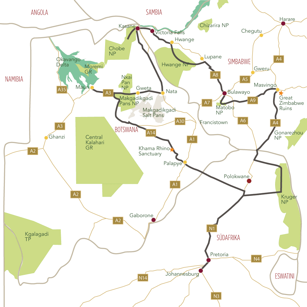 Rundreise Südafrika Simbabwe und Botswana Game Trail Tourkarte