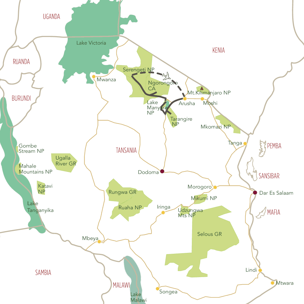 Unberührte Wildnis private Tansania Safari Tourkarte