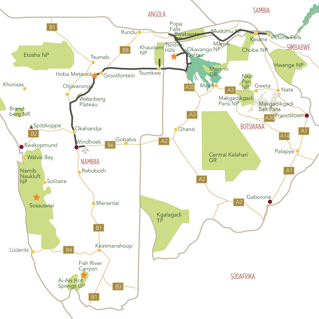 Privatsafari Namibia und Botswana Tourkarte