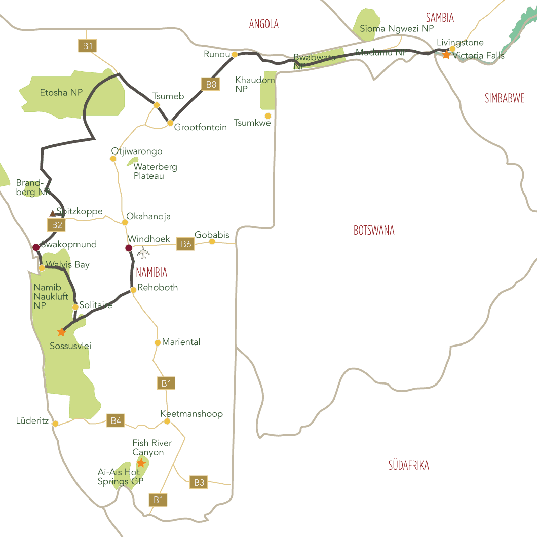 Namibia und Viktoriafälle Tourkarte