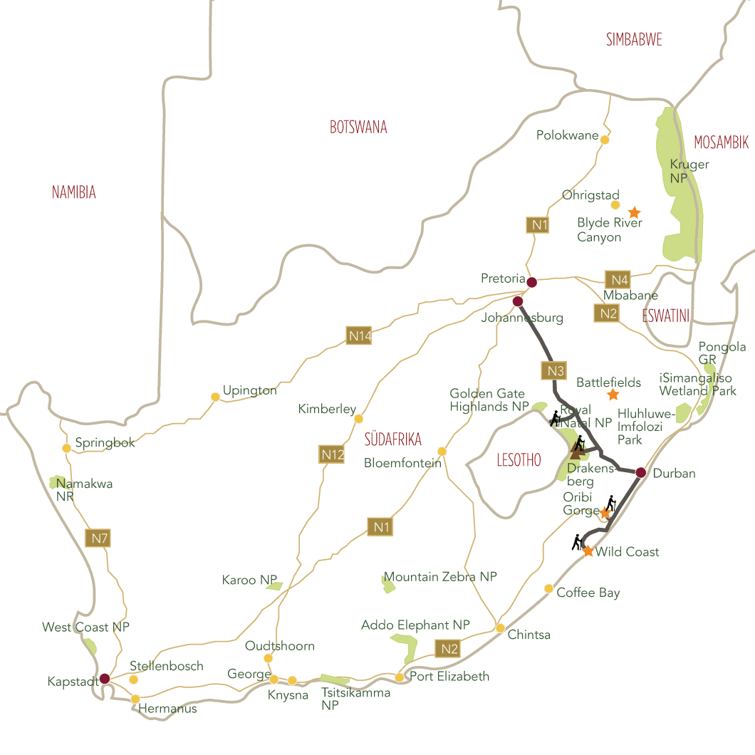 Wanderreise Südafrika Tourkarte