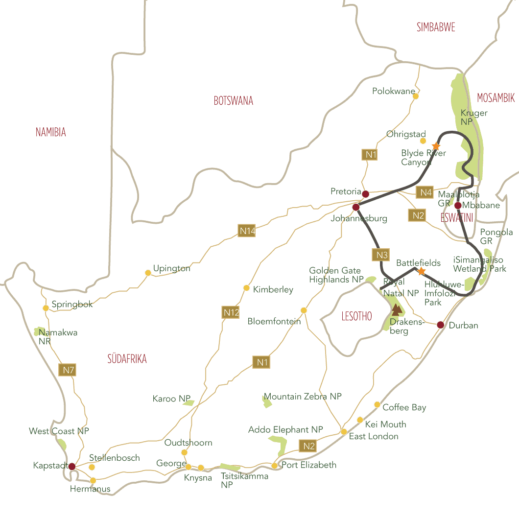 Wandern in Südafrika Tourkarte