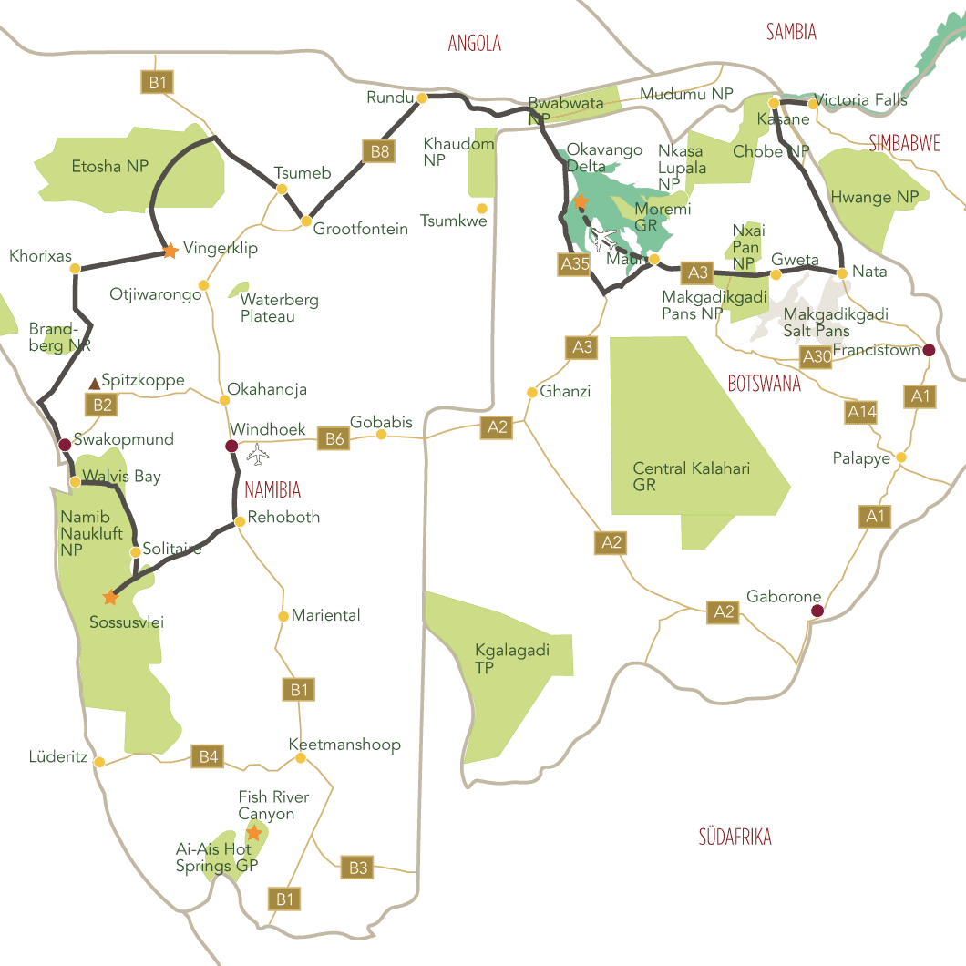 Das Beste von Namibia und Botswana Tourkarte