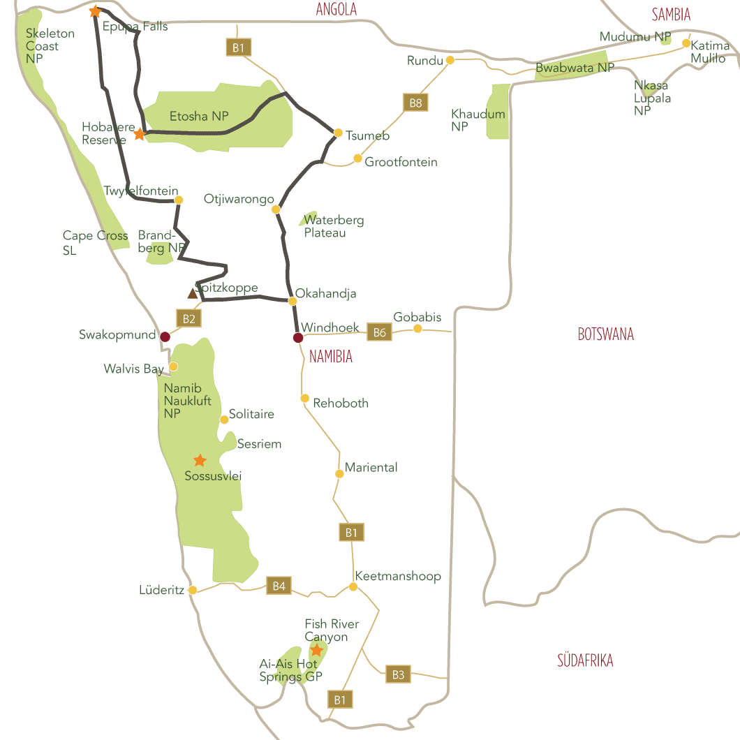 Der Norden von Namibia Tourkarte