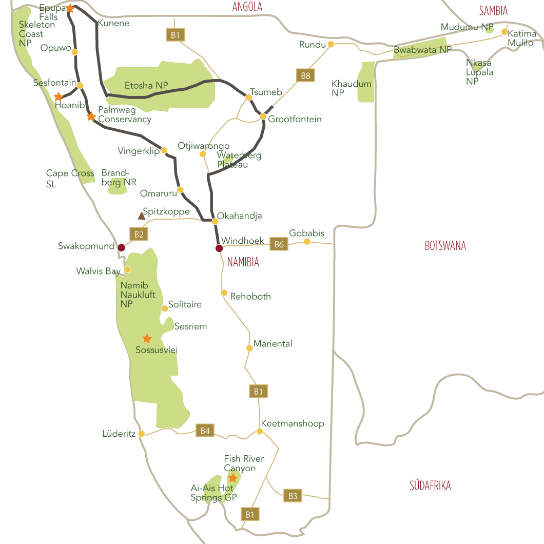 Namibias unberührter Norden Tourkarte