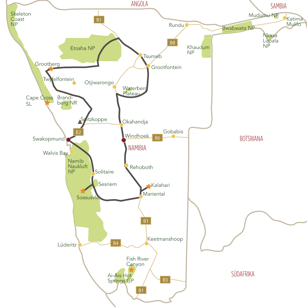 Faszination Namibia Lodge SafariTourkarte
