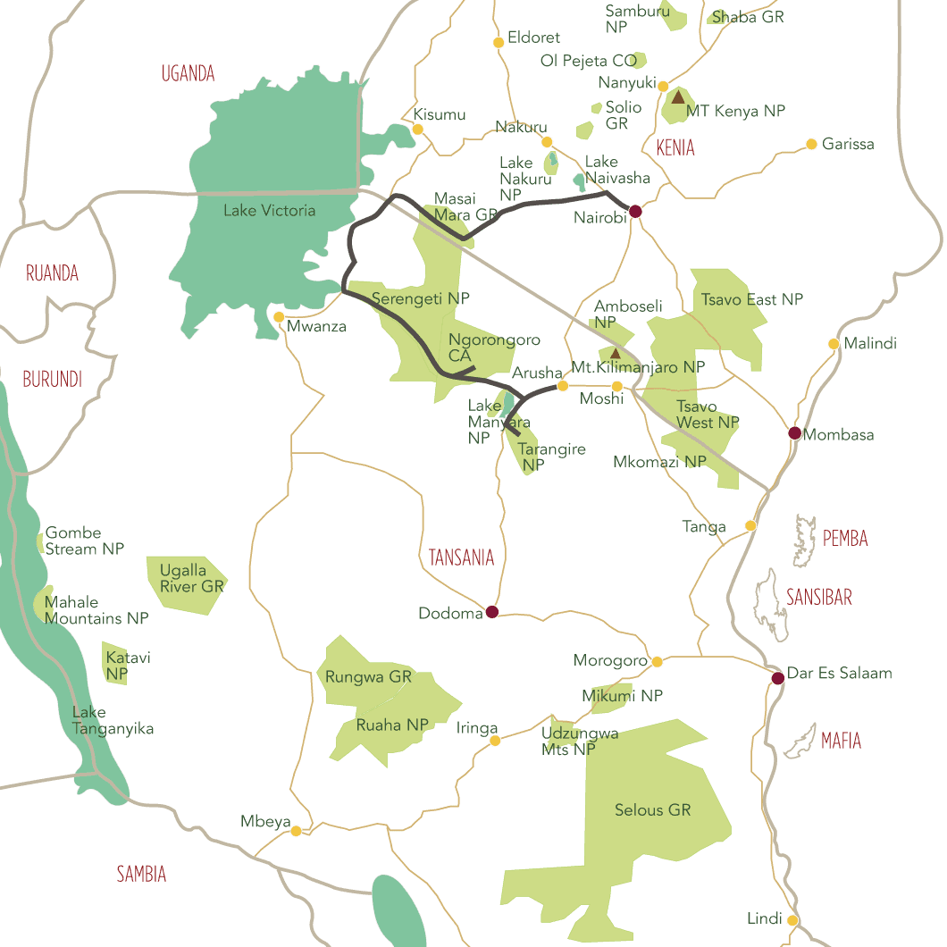 Follow the Migration Camping Safari Kenia Tansania Tourkarte