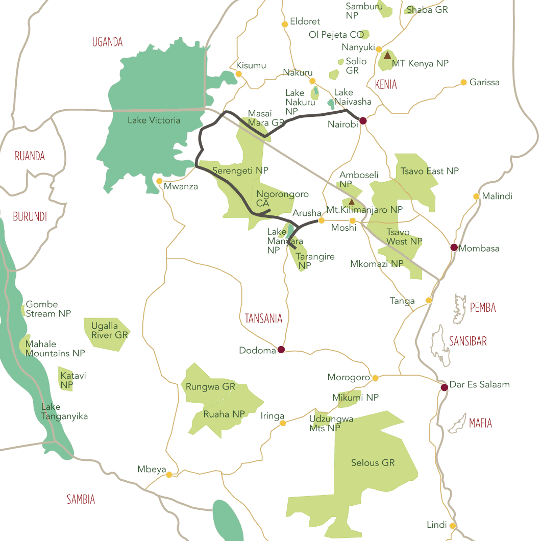 Tansania und Kenia Highlights Safari Tourkarte