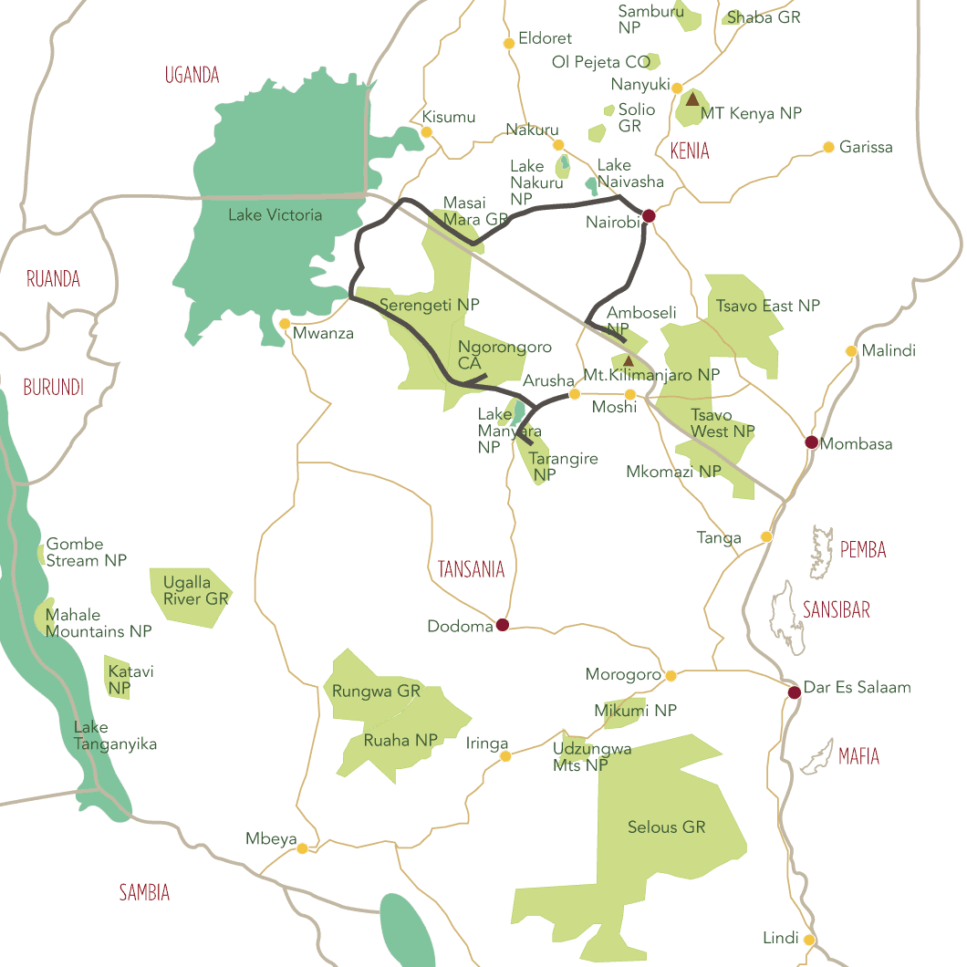 Tansania und Kenia Wildparks Camping Safari Tourkarte