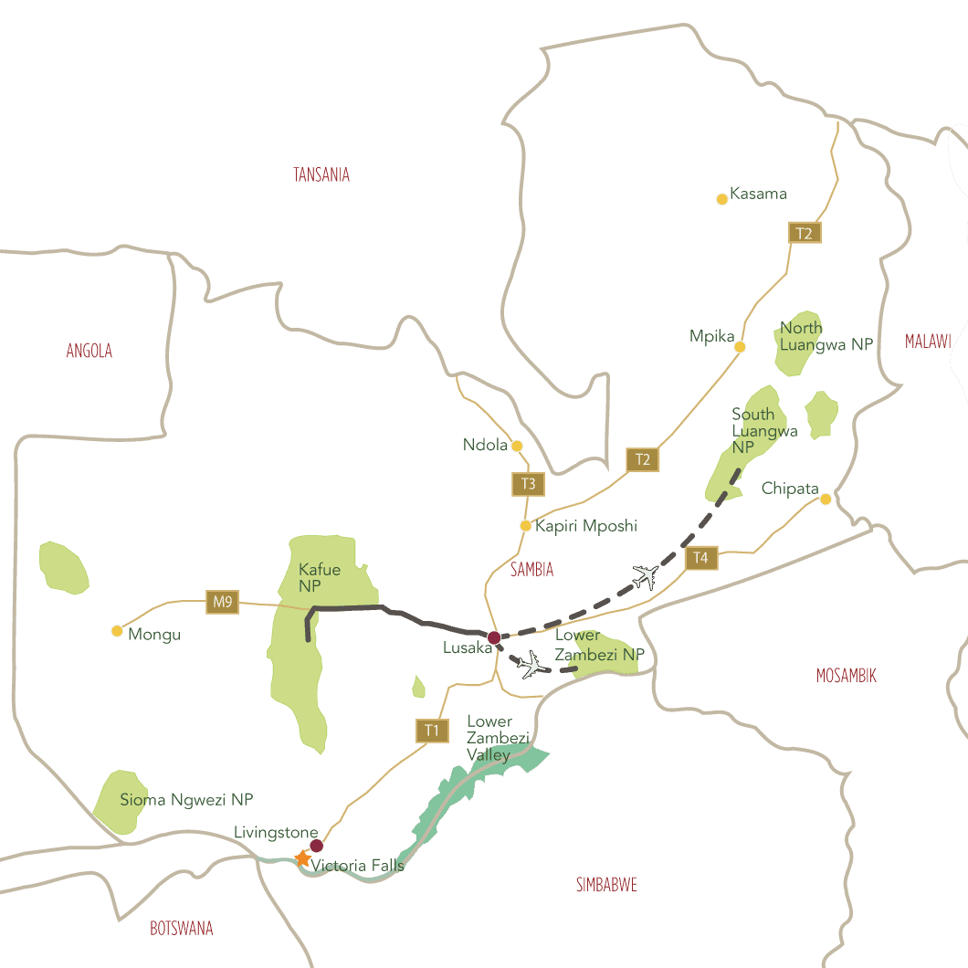 Ursprüngliches Sambia Afrika Safari Tourkarte